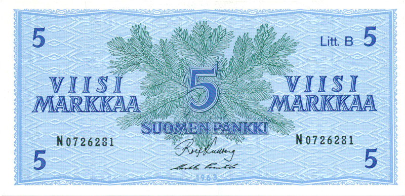 5 Markkaa 1963 Litt.B N0726281 kl.9